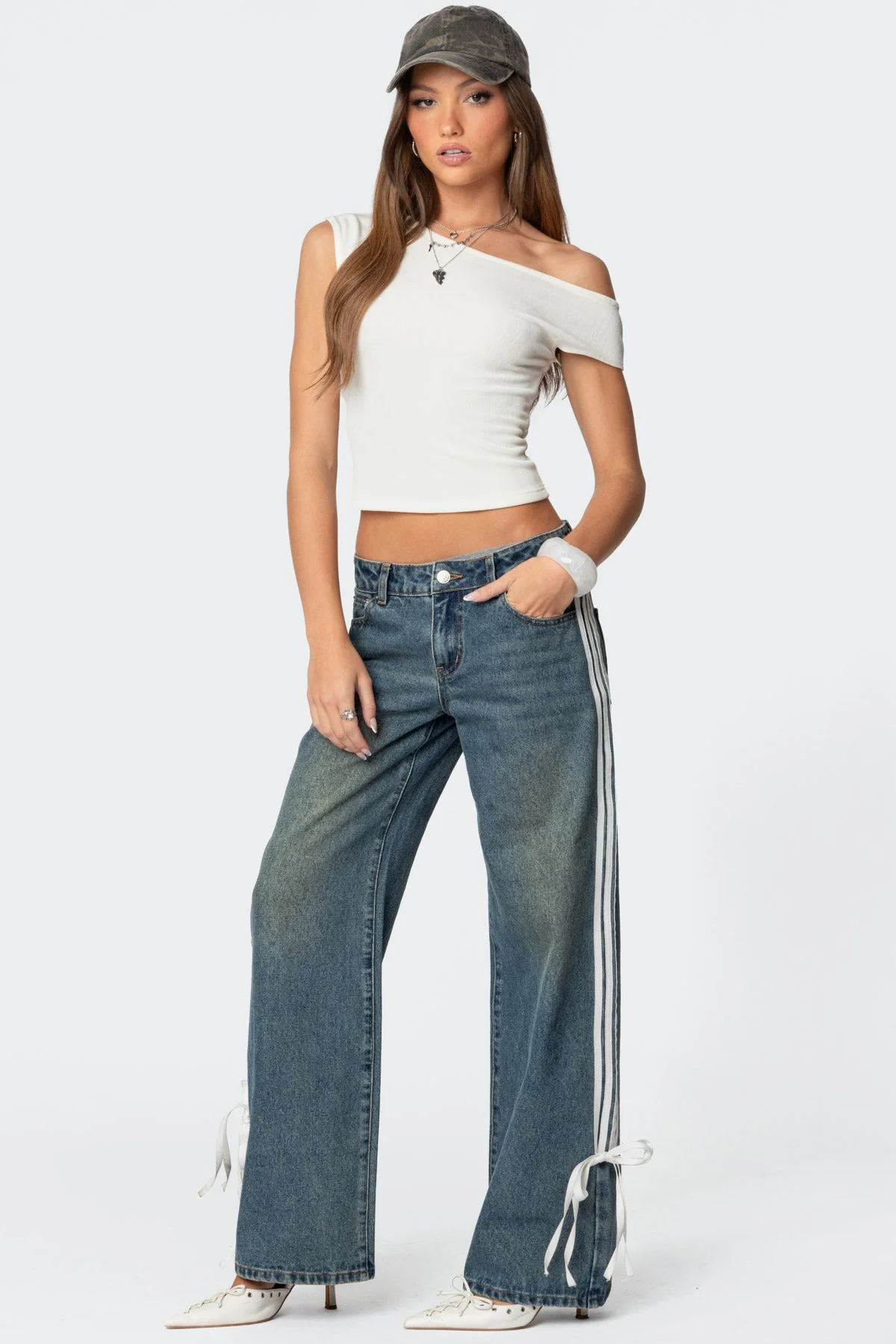 Blue Washed Low Rise Jeans with Ribbon Detailing