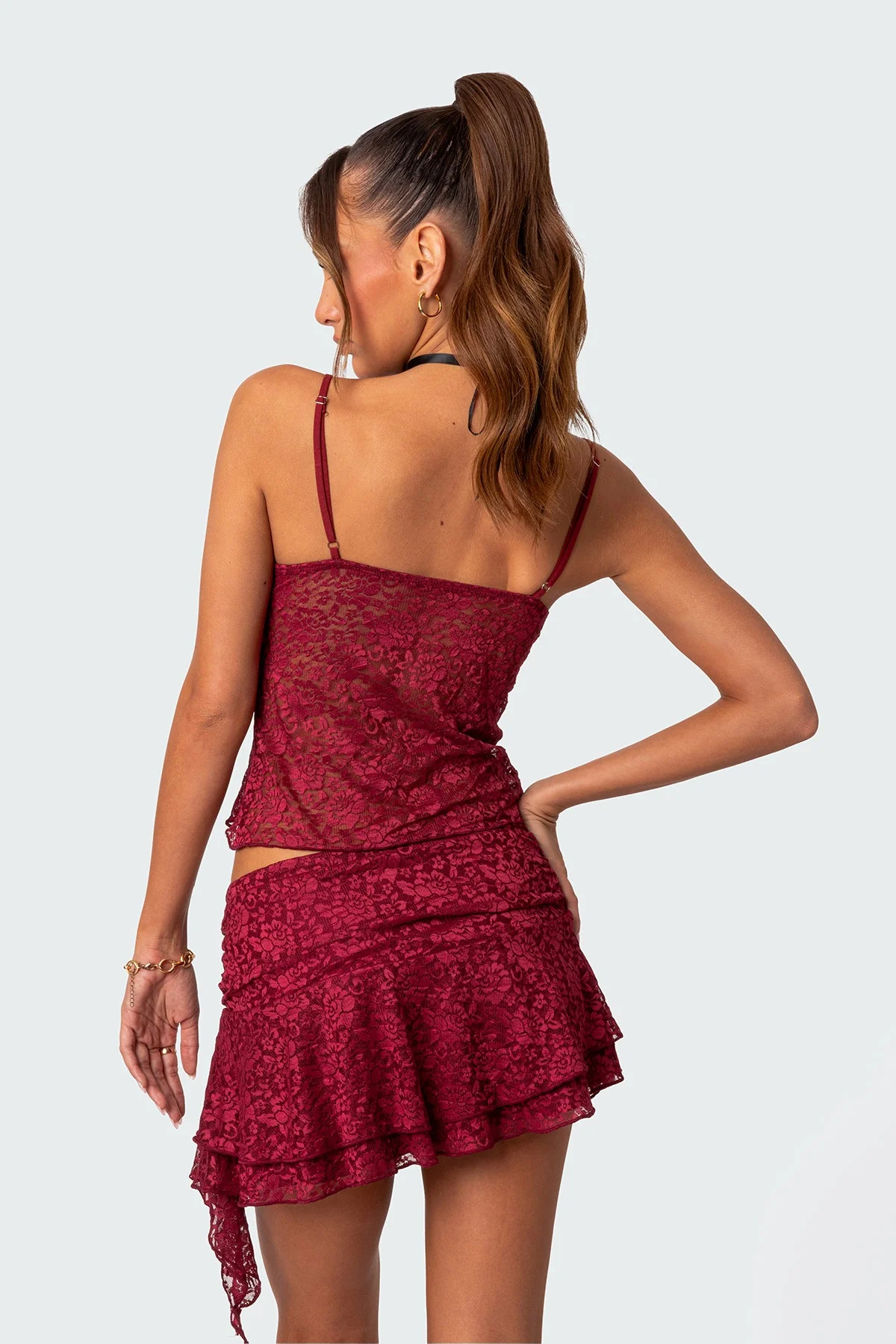 Burgundy Lace Sheer Tank Top with Adjustable Straps