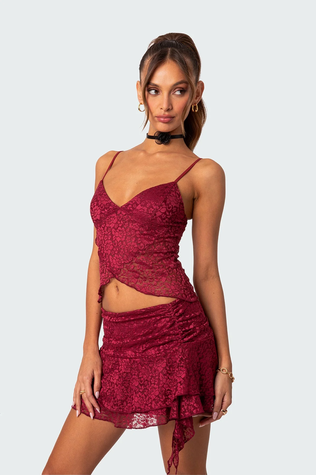 Burgundy Lace Sheer Tank Top with Adjustable Straps