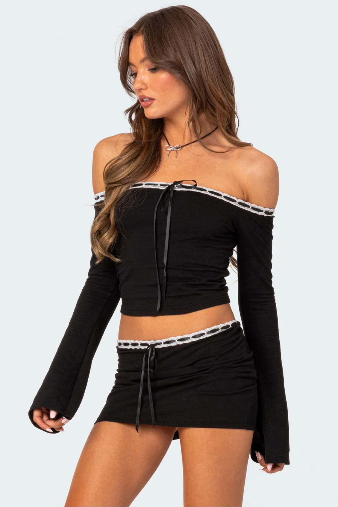 Black Ribbon Trim Crop Top