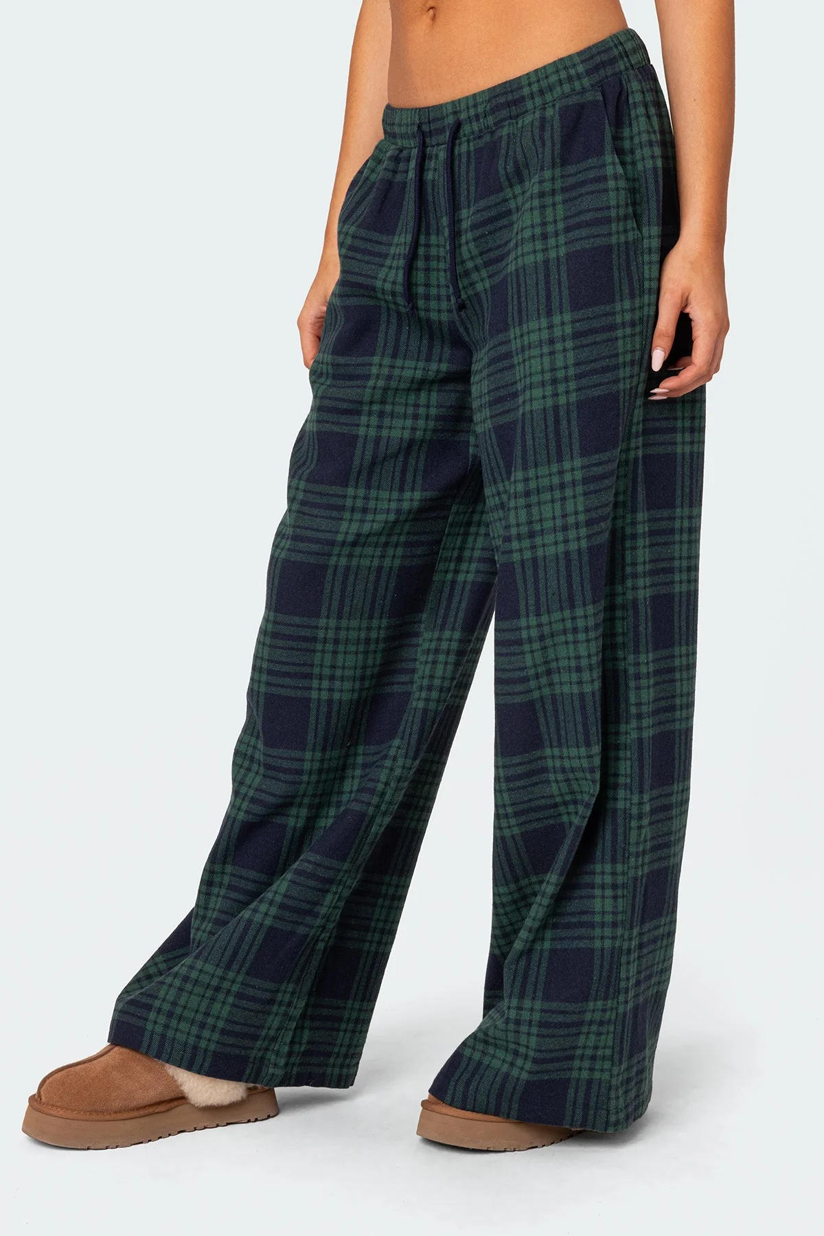 Navy Plaid Wide Leg Lounge Pants