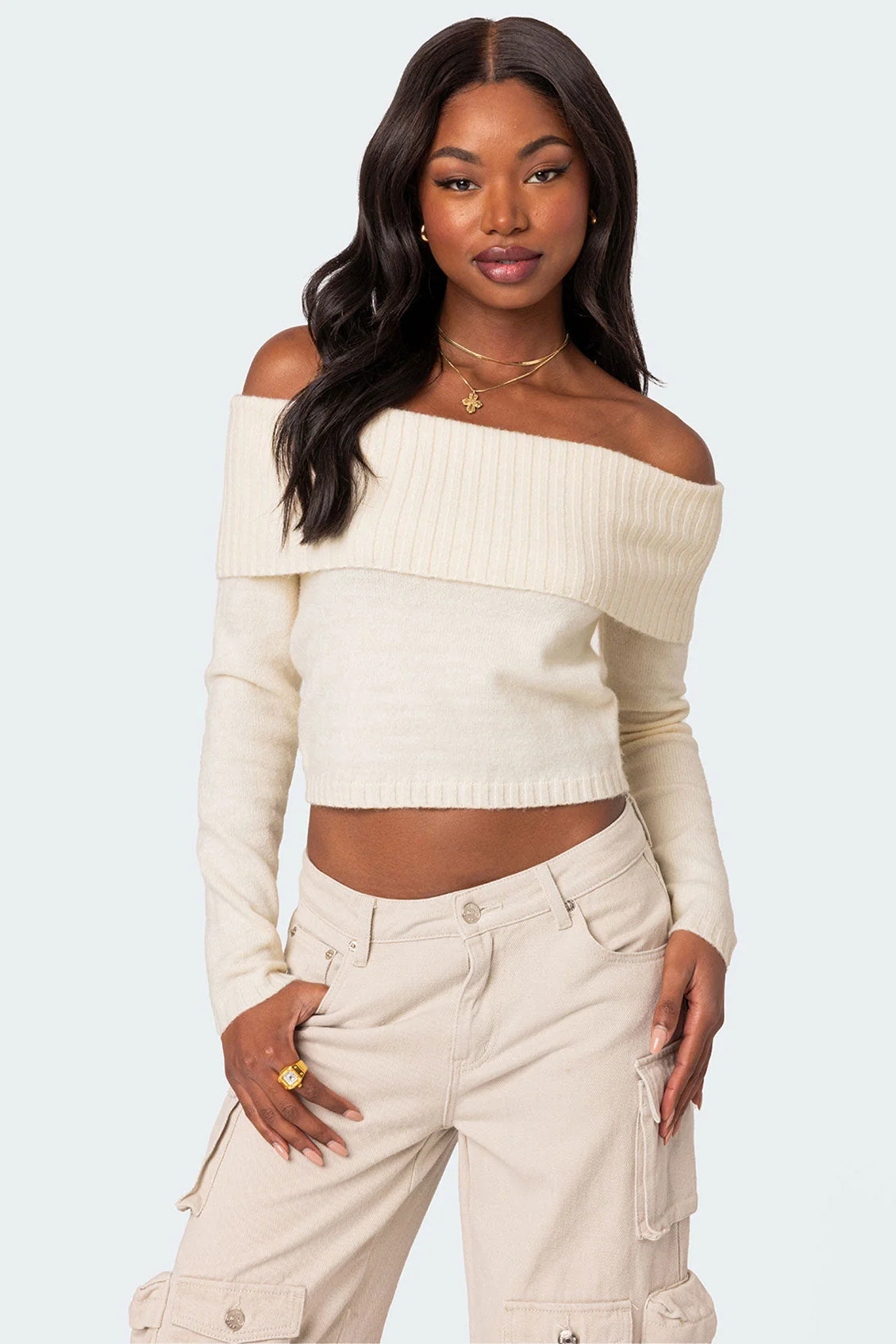 Cream Fold Over Knit Sweater
