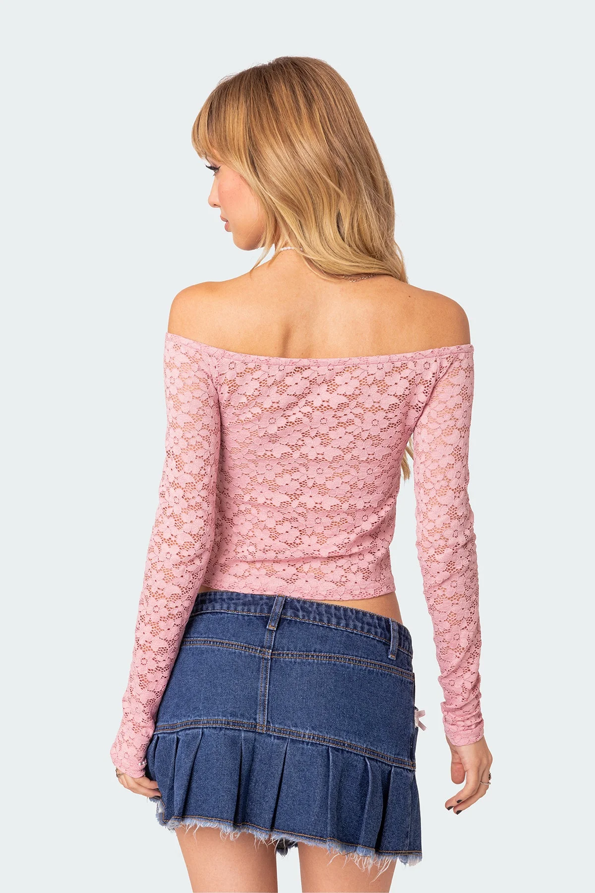 Sheer Lace Off-Shoulder Top in Pink - Stylish and Elegant