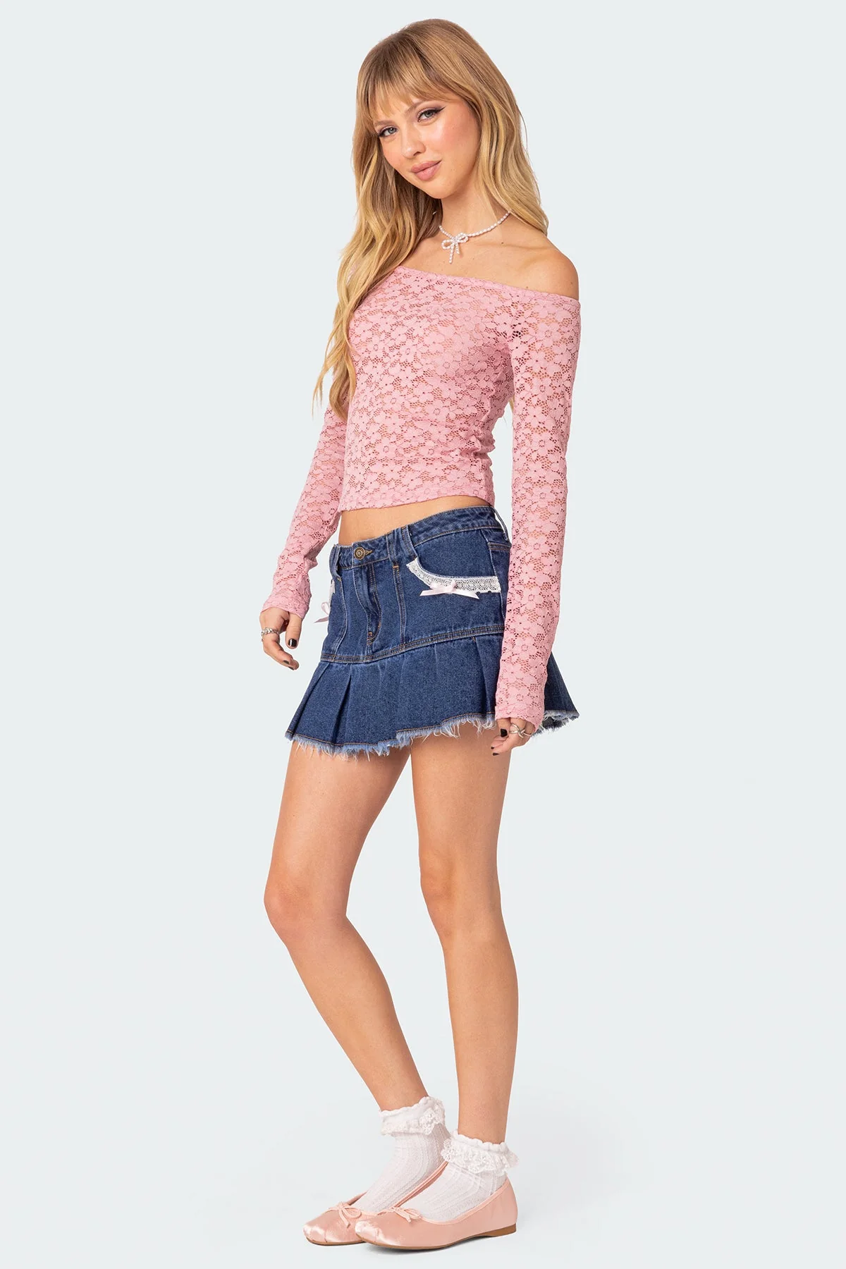 Sheer Lace Off-Shoulder Top in Pink - Stylish and Elegant