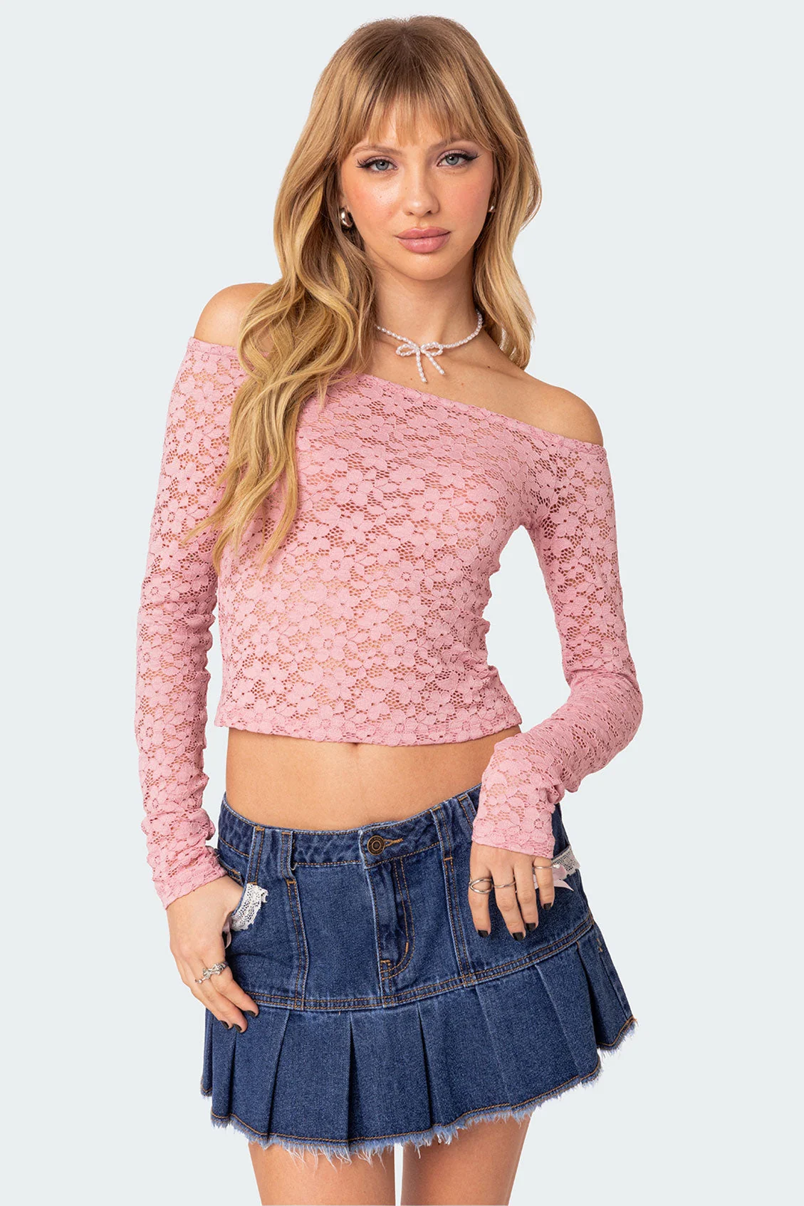 Sheer Lace Off-Shoulder Top in Pink - Stylish and Elegant