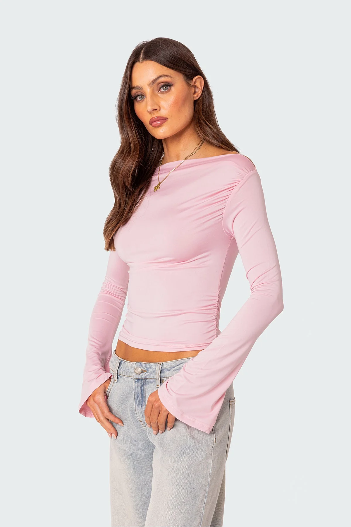 Womens Light Pink Gathered Boat Neck Top - Stylish and Comfortable