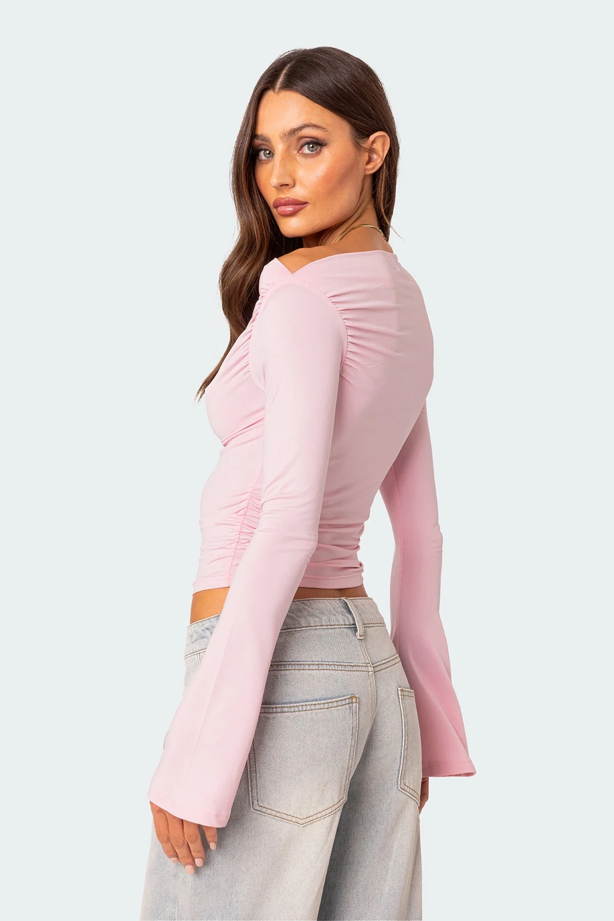 Womens Light Pink Gathered Boat Neck Top - Stylish and Comfortable