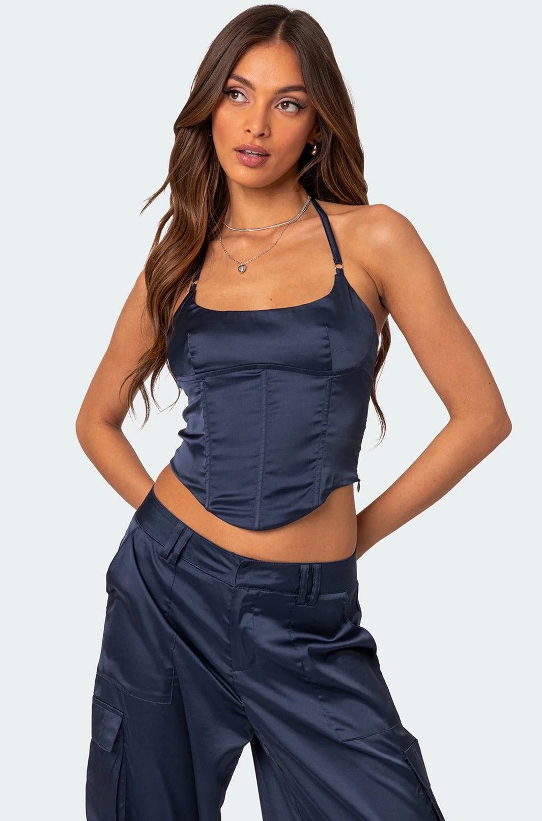 Navy Satin Lace-Up Corset Top