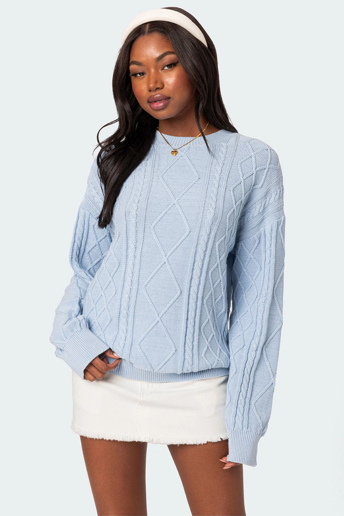 Light Blue Cable Knit Oversized Sweater for Women