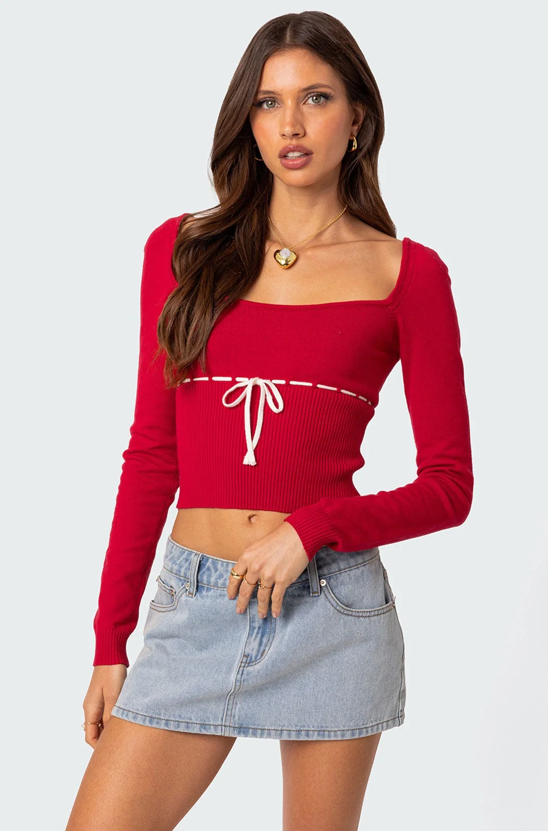 Cozy Red Knit Sweater - Long Sleeve Ribbon Detail
