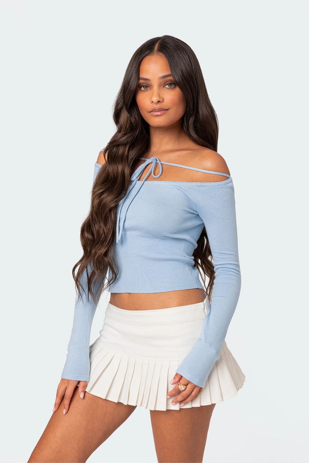 Light Blue Knit Tie Front Sweater