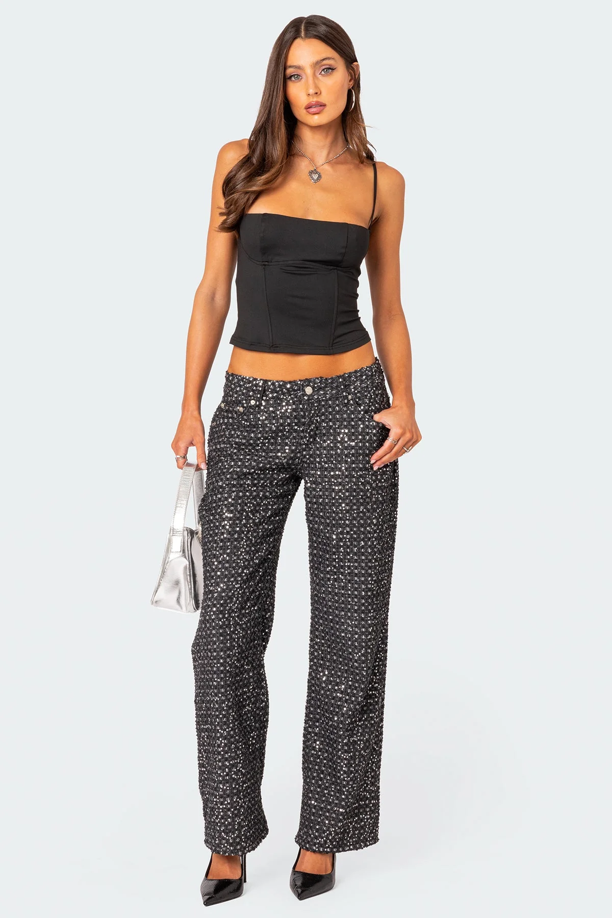 Black Sequin Denim Loose Fit Pants