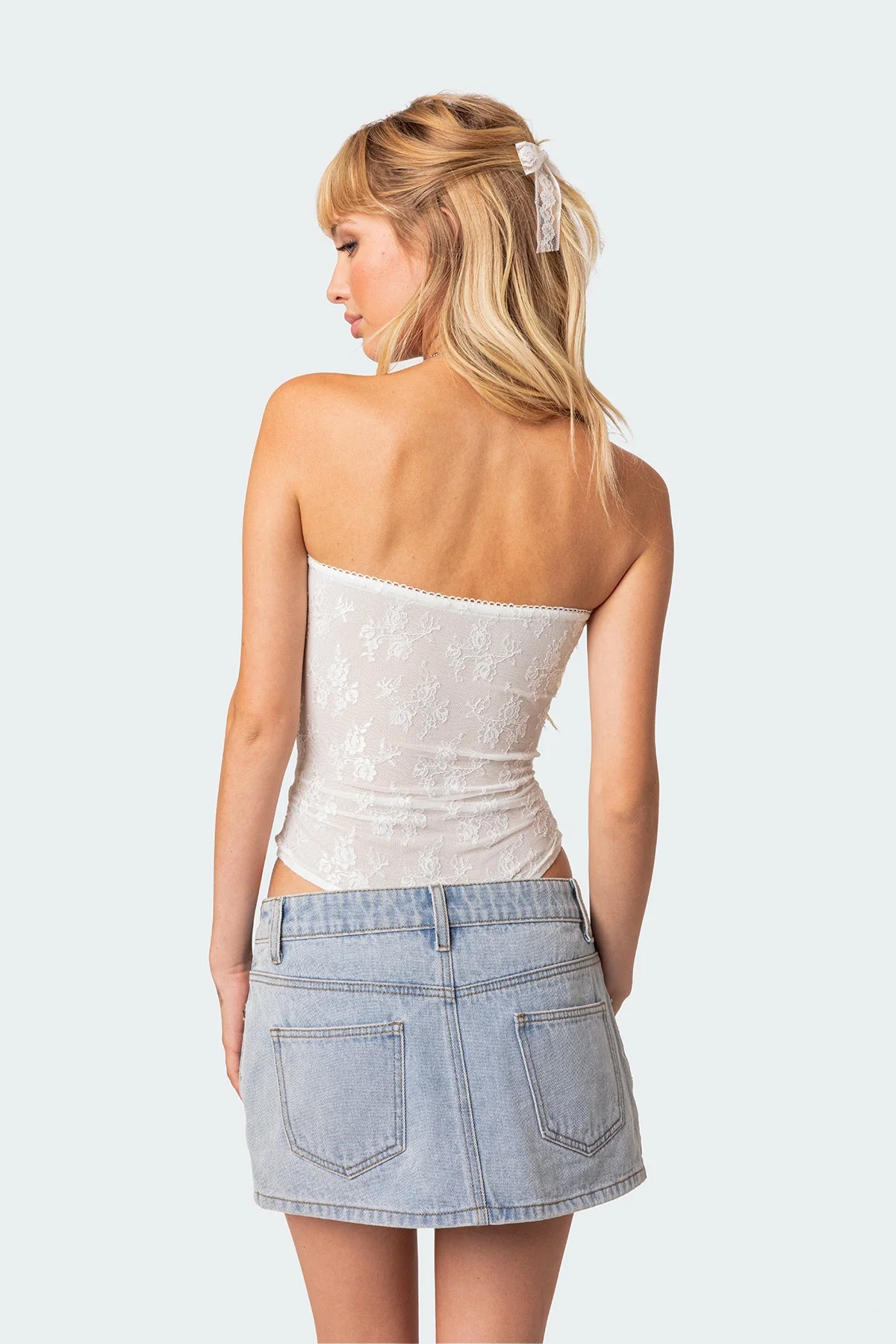 Sheer Lace Strapless Bodysuit in White - Stylish Alina Collection