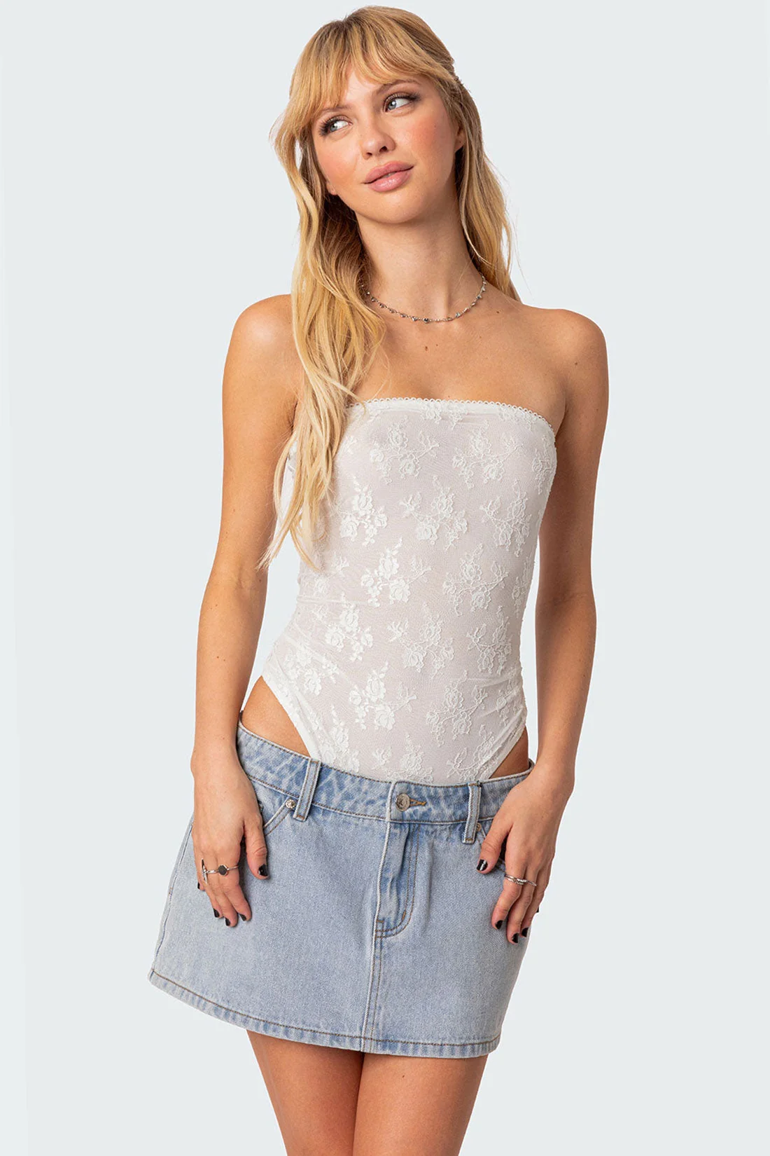 Sheer Lace Strapless Bodysuit in White - Stylish Alina Collection