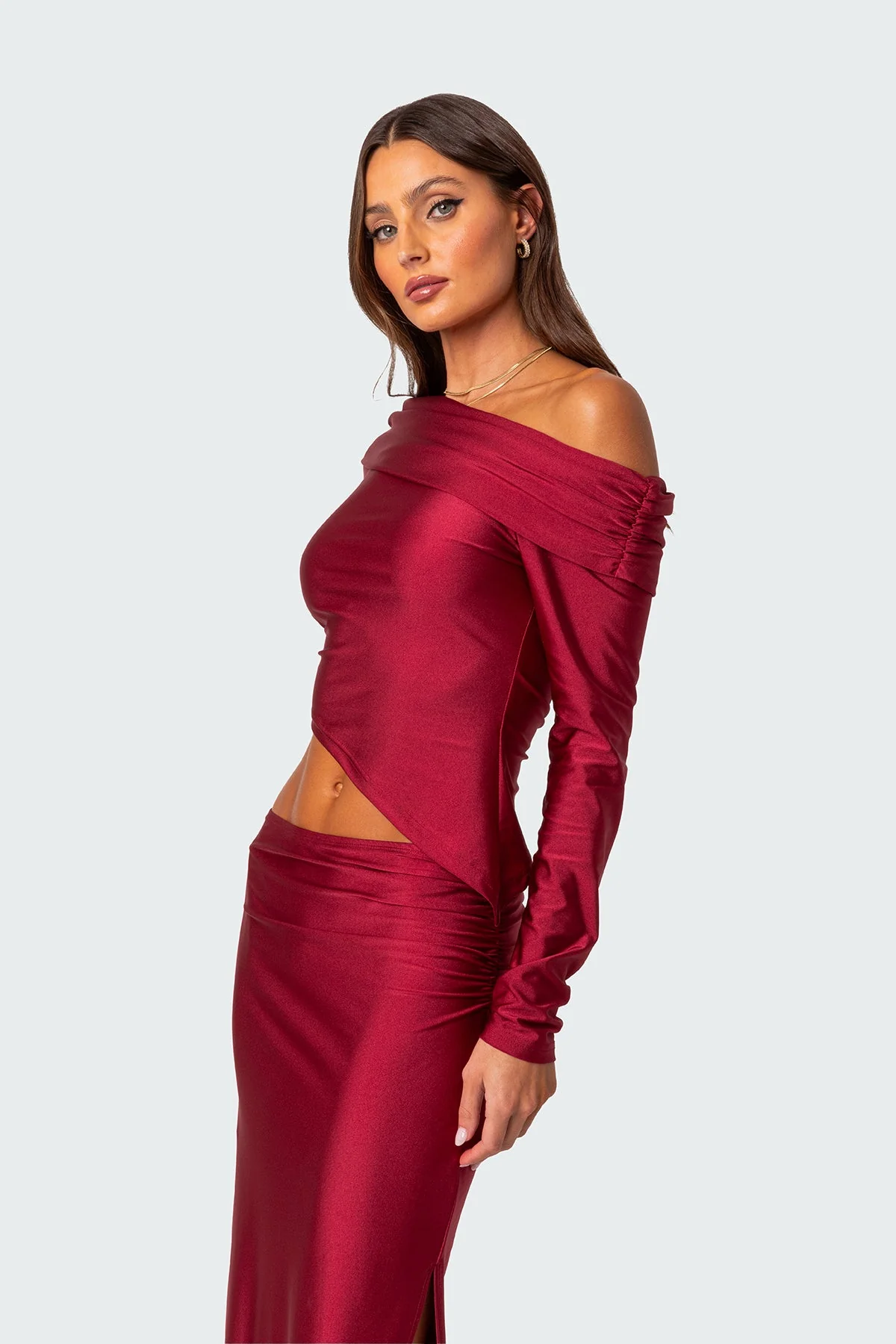 Red Shiny Fold Over Top for Women