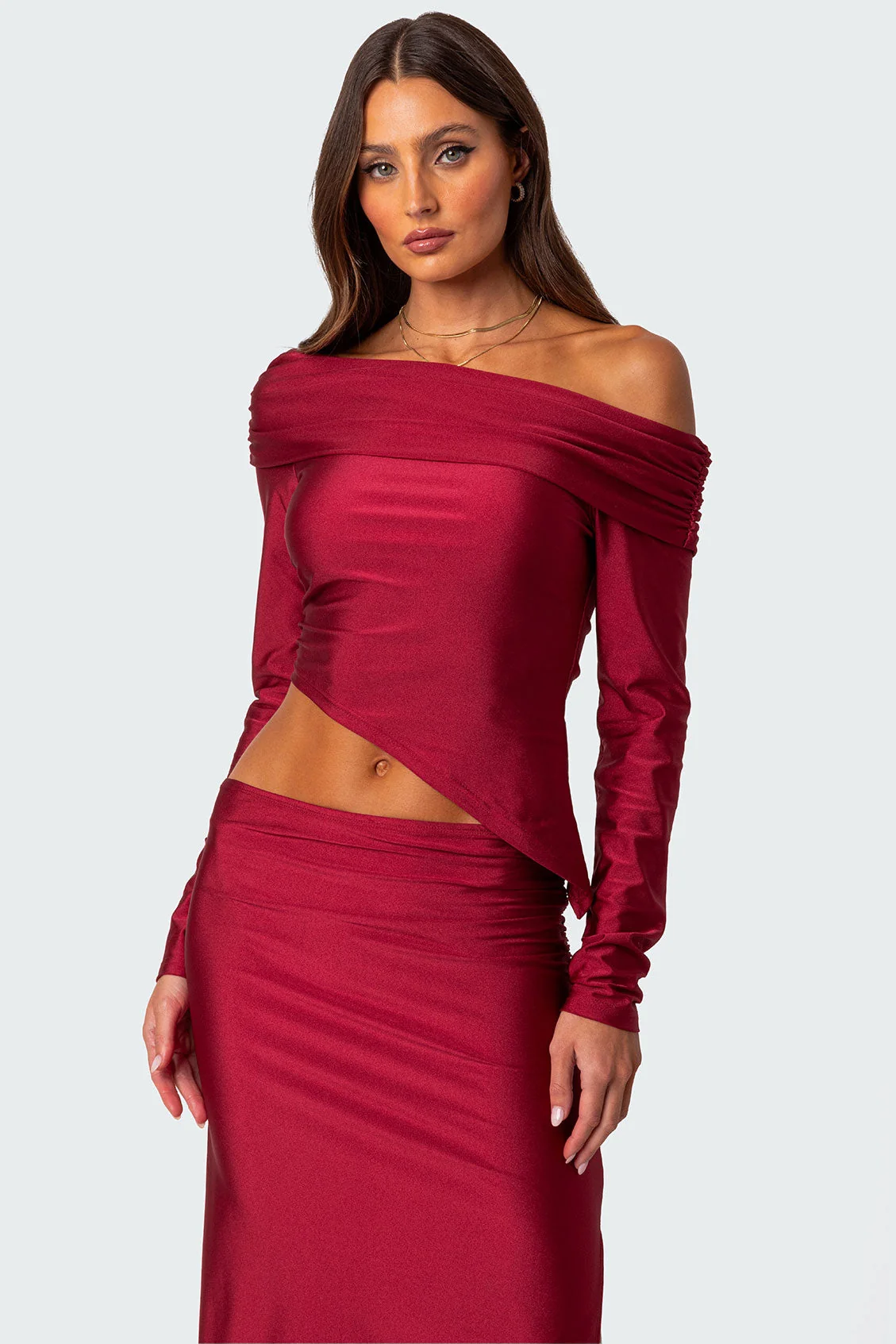 Red Shiny Fold Over Top for Women
