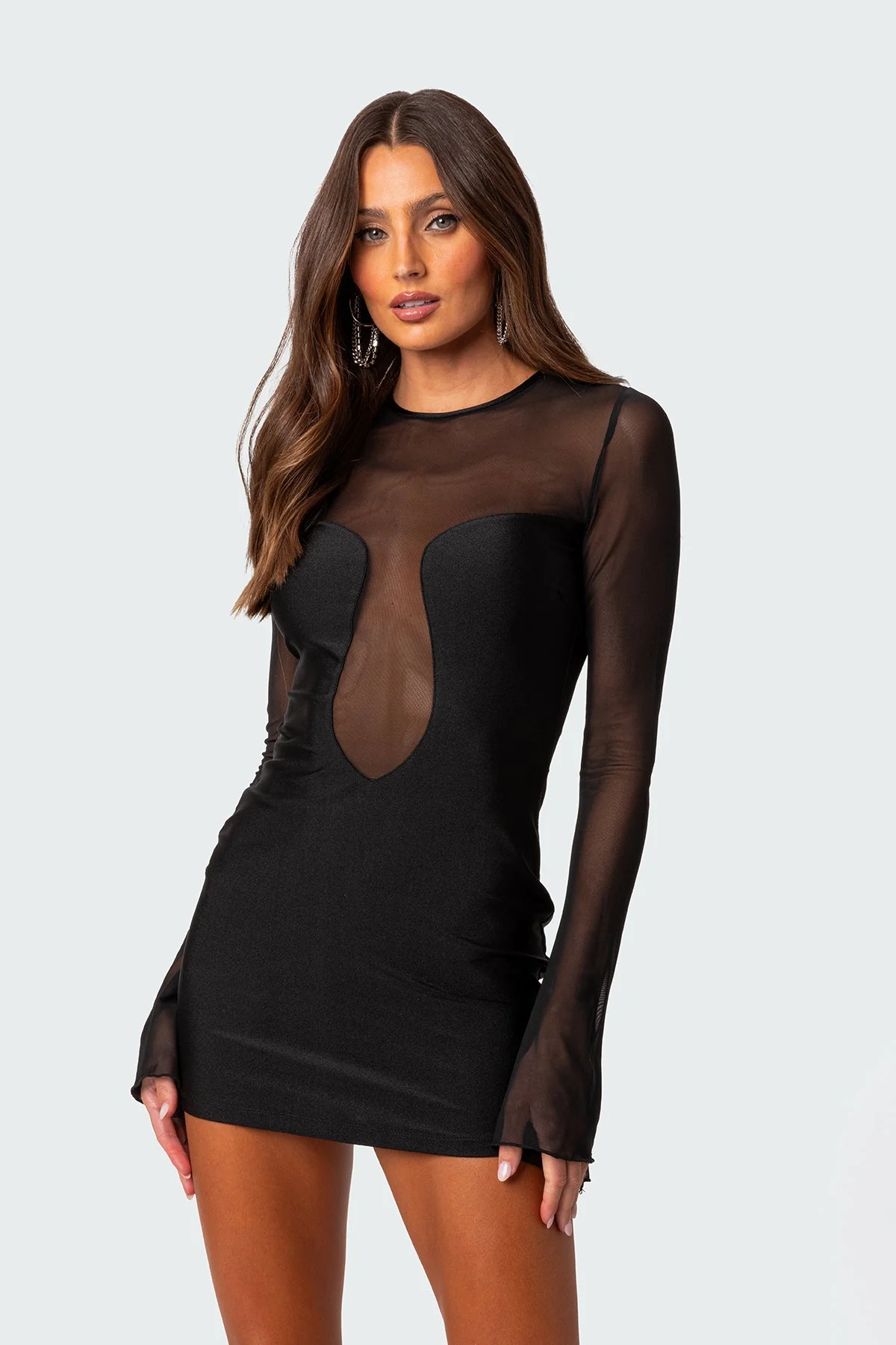 Black Mesh Mini Dress with Bell Sleeves