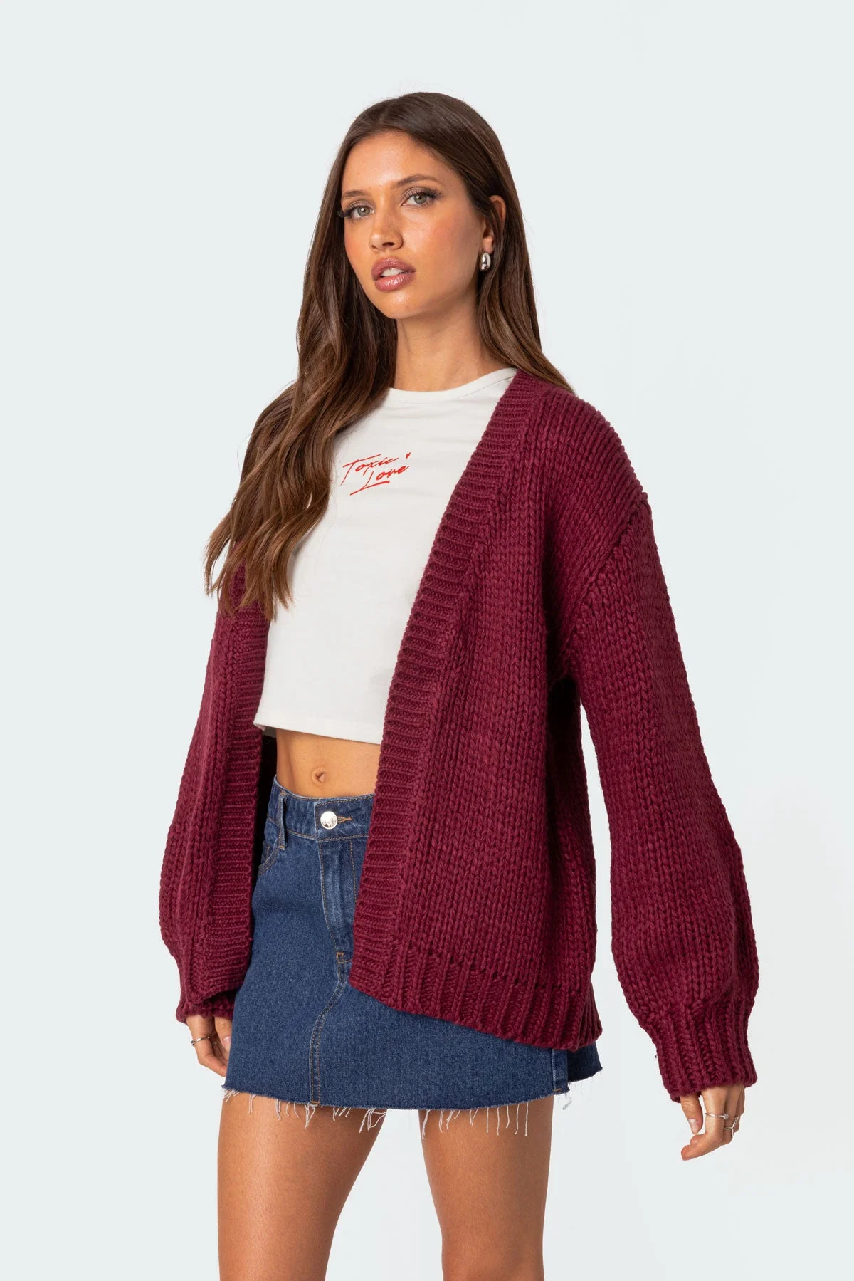 Burgundy Knit Oversized Cardigan Womens Sweater