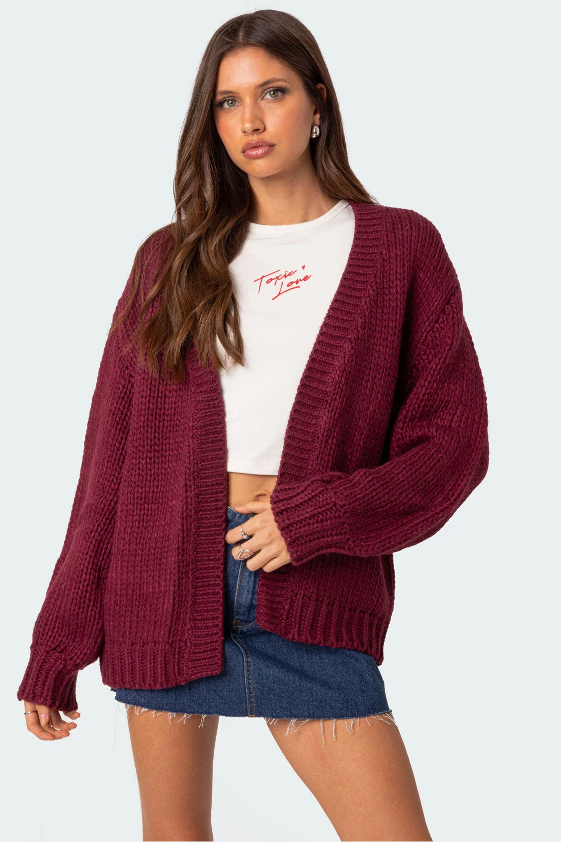 Burgundy Knit Oversized Cardigan Womens Sweater