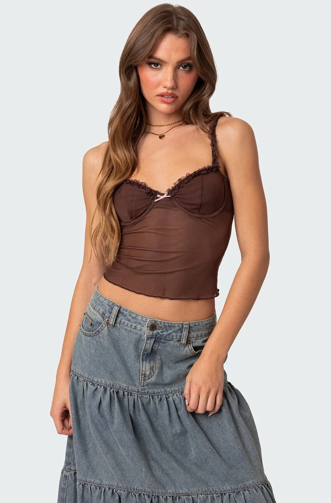 Sheer Mesh Brown Corset Top for Women