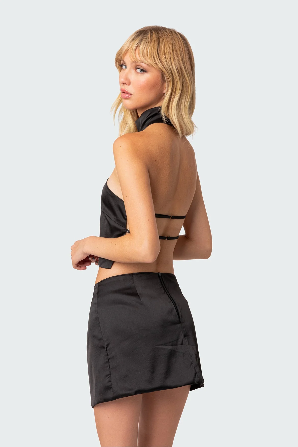 Black Satin Strappy Back Halter Crop Top