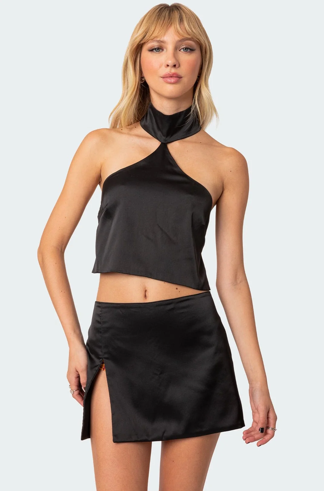 Black Satin Strappy Back Halter Crop Top