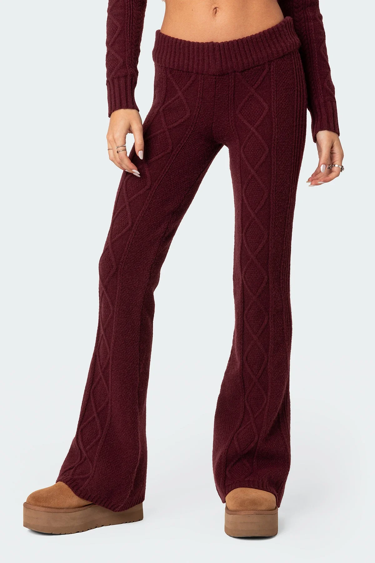 Burgundy Cable Knit Flared Pants for Women