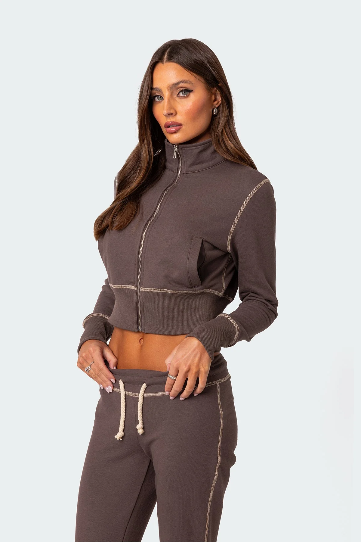 Brown Zip-Up Cotton Sweatshirt for Women