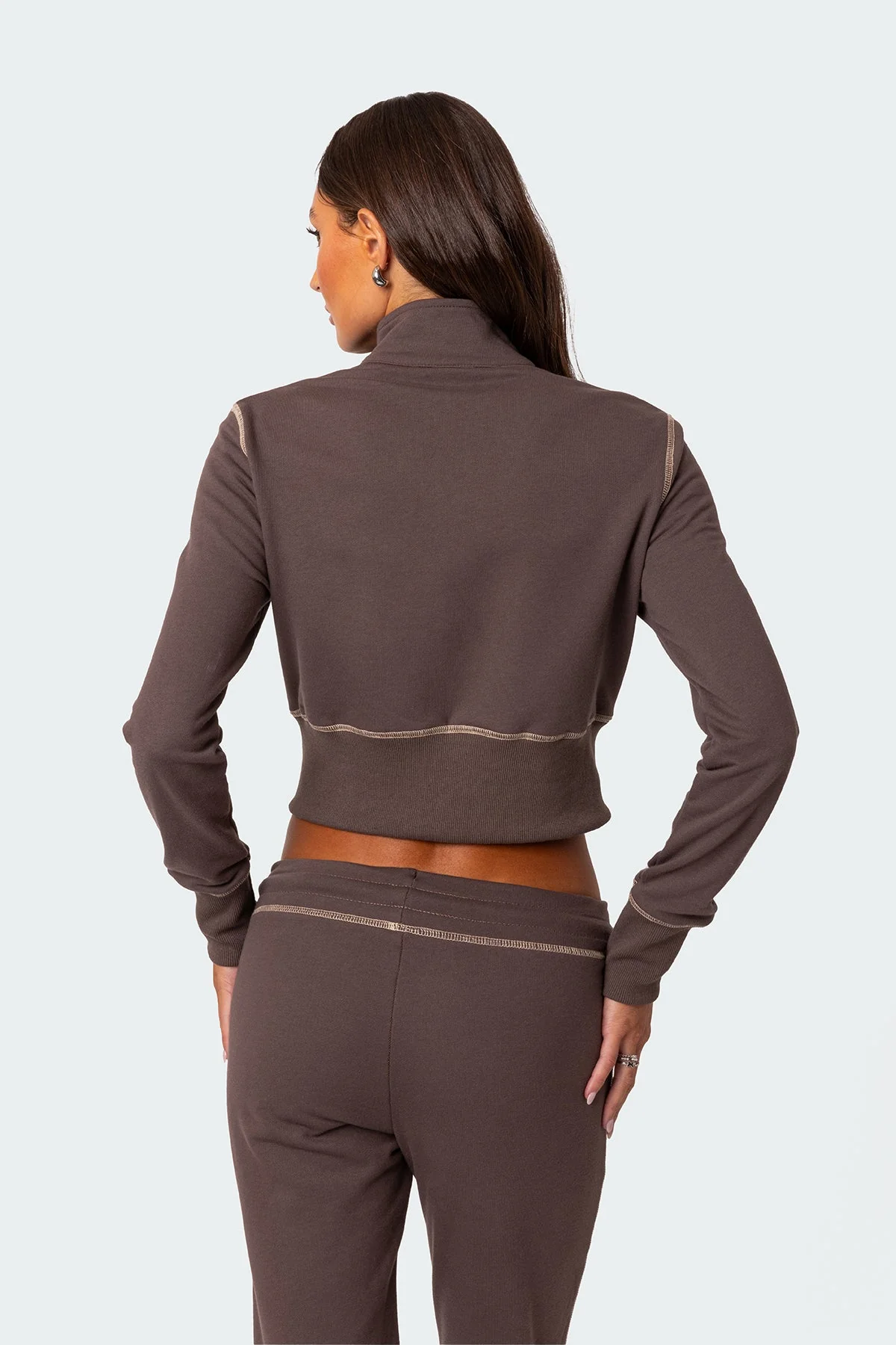 Brown Zip-Up Cotton Sweatshirt for Women