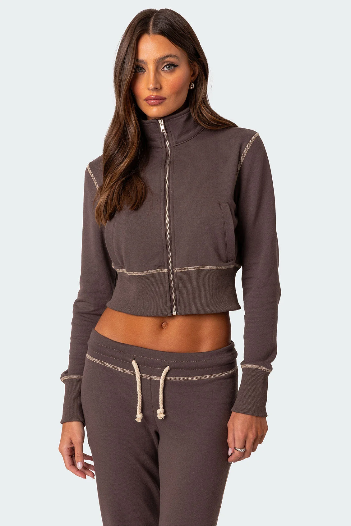 Brown Zip-Up Cotton Sweatshirt for Women