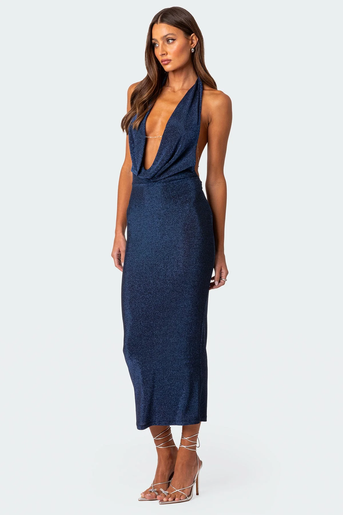 Navy Cowl Neck Maxi Dress