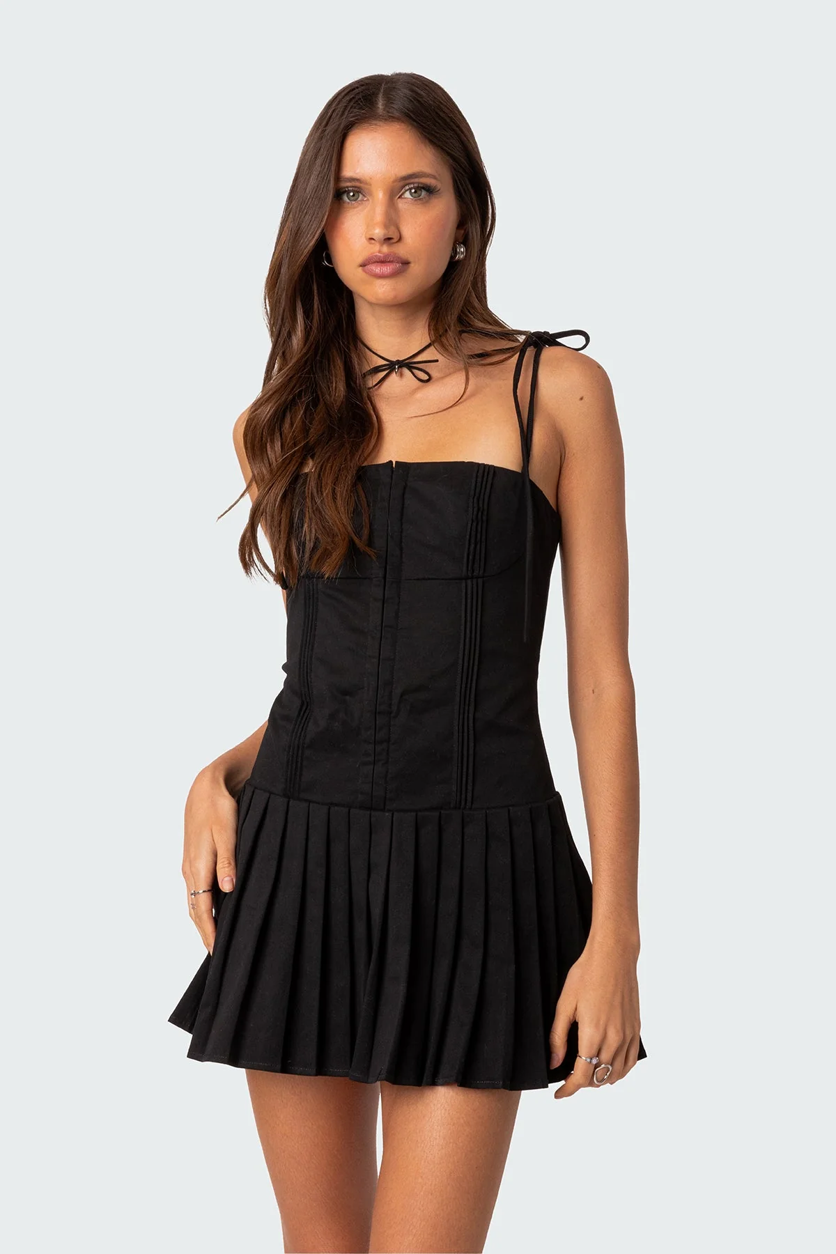 Black Pleated Corset Mini Dress