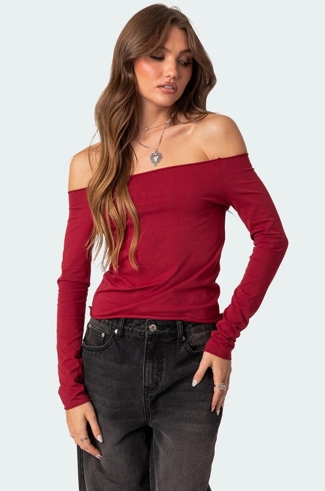 Burgundy Off Shoulder Long Sleeve Top