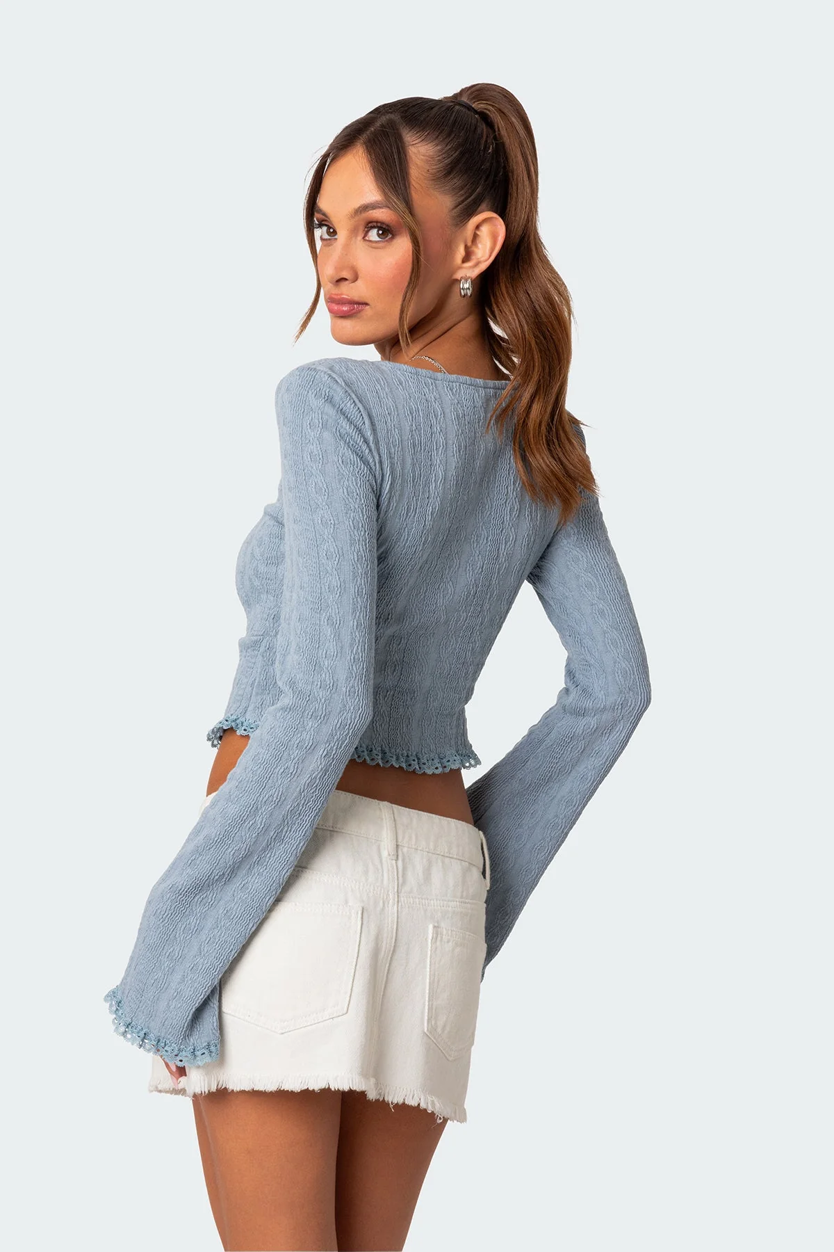 Blue Knit Top with Lacey Long Sleeves
