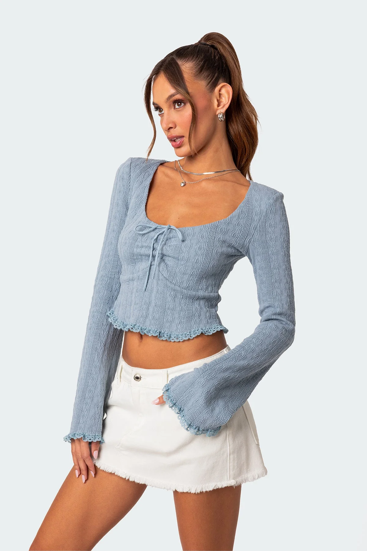 Blue Knit Top with Lacey Long Sleeves