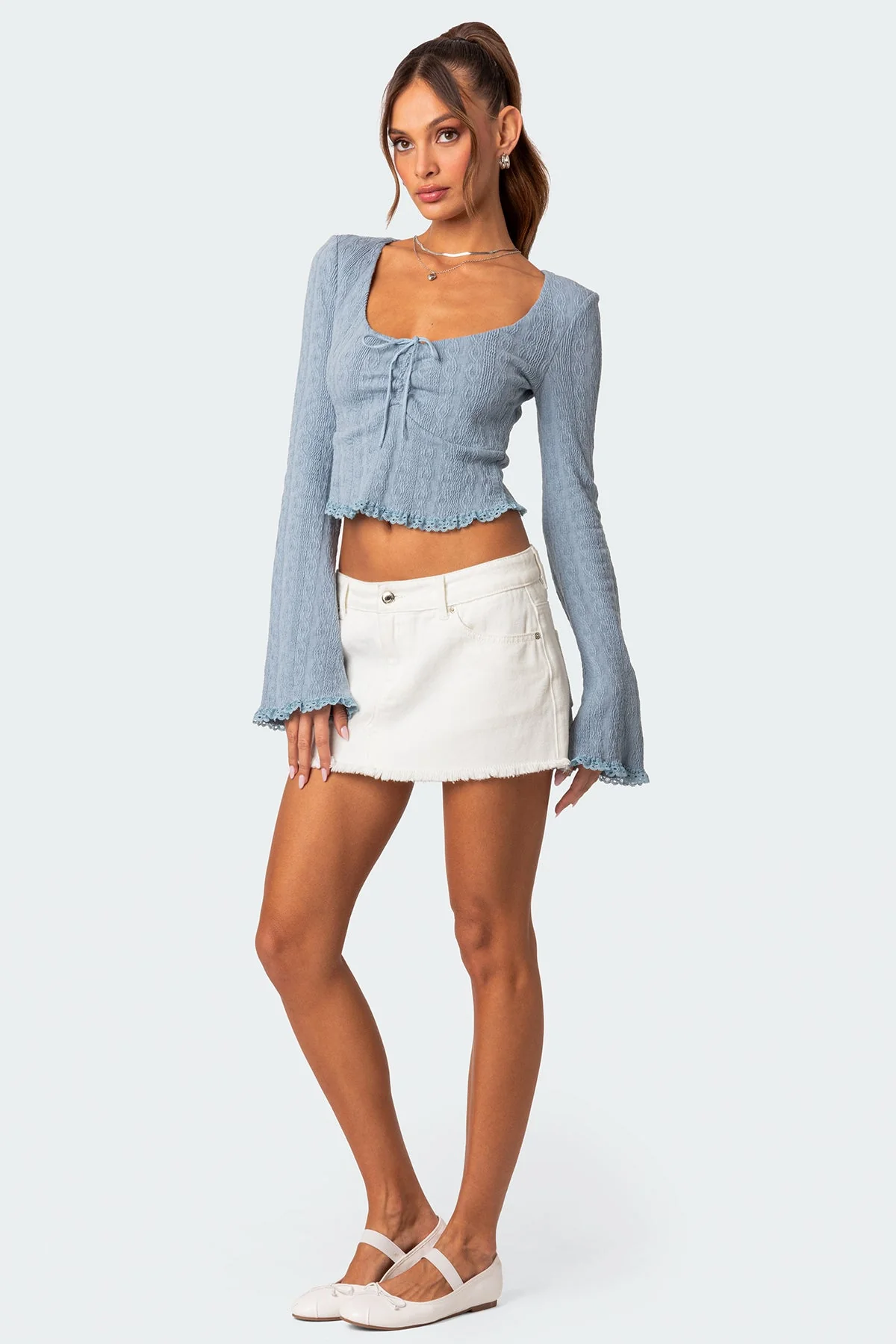 Blue Knit Top with Lacey Long Sleeves