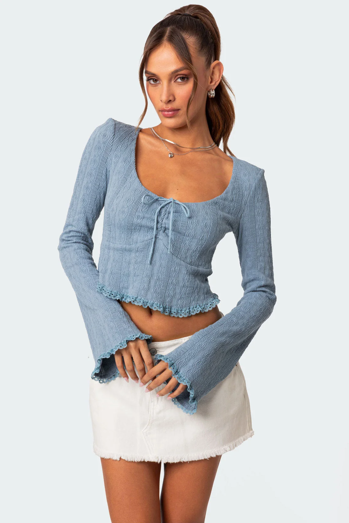 Blue Knit Top with Lacey Long Sleeves