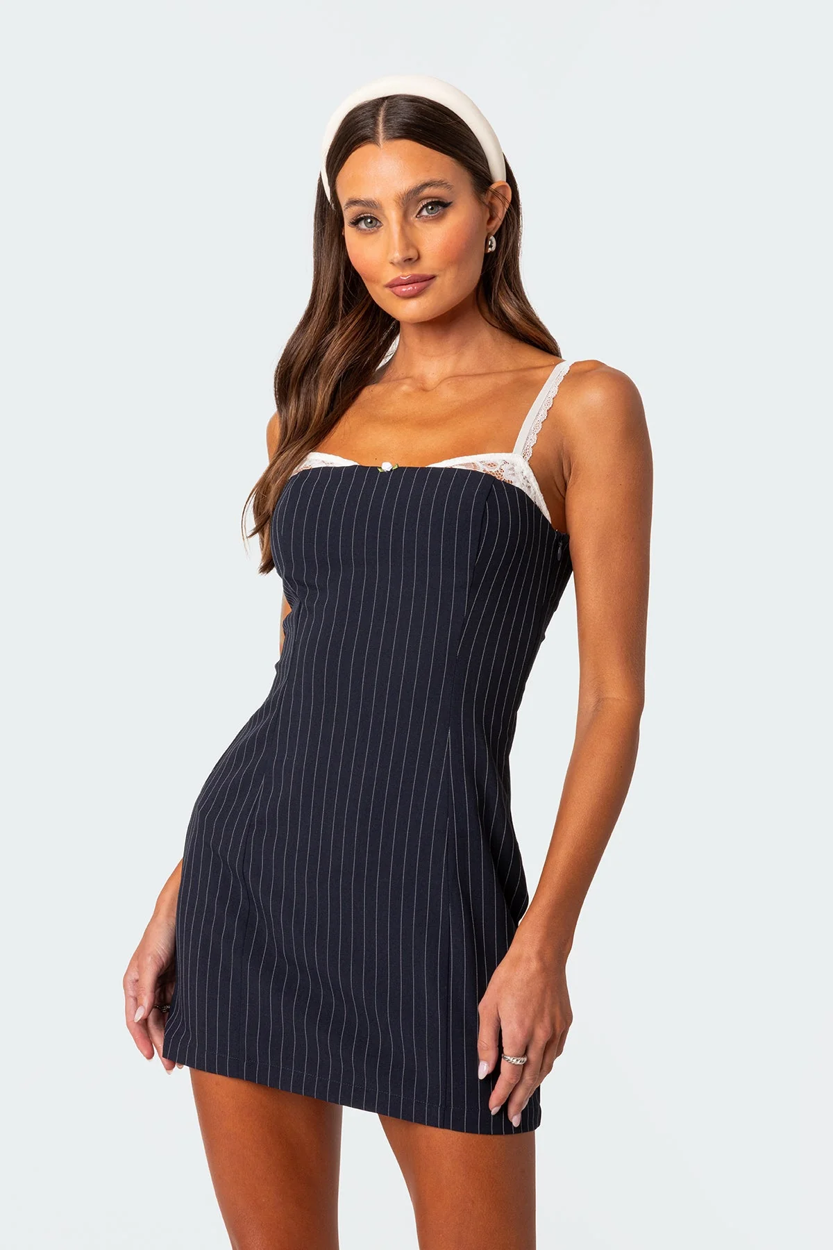 Navy Pinstripe Mini Dress with Lace Bra Detail