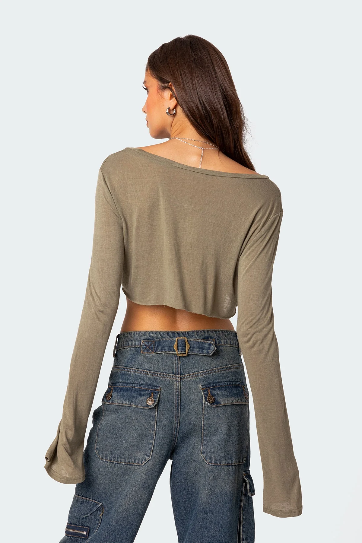 Olive Sheer Long Sleeve Crop Top