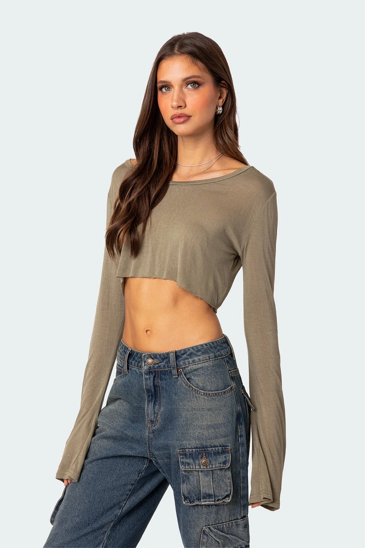 Olive Sheer Long Sleeve Crop Top