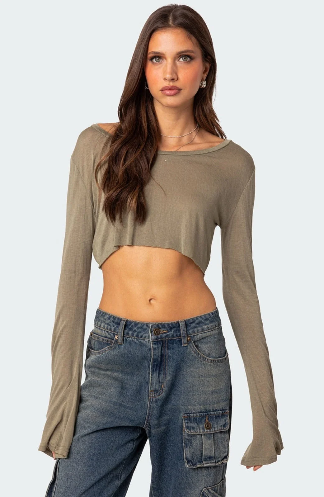Olive Sheer Long Sleeve Crop Top