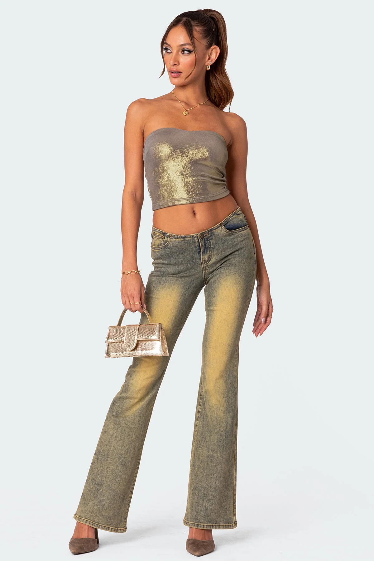 Golden Metallic Strapless Tube Top for Evening Wear