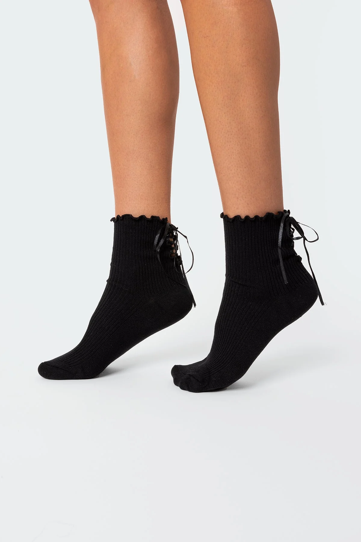 Frilled Black Lace-Up Socks Womens Fashion Accessories