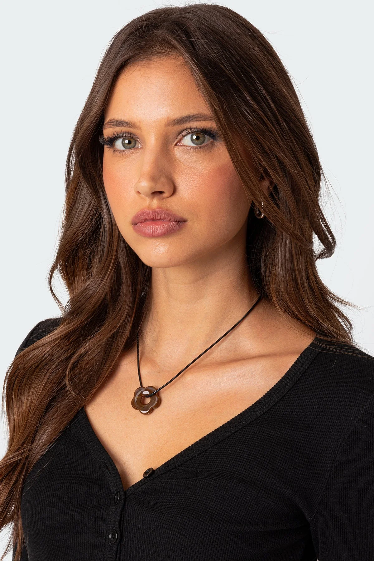 Marble Flower Pendant Cord Necklace Brown Adjustable