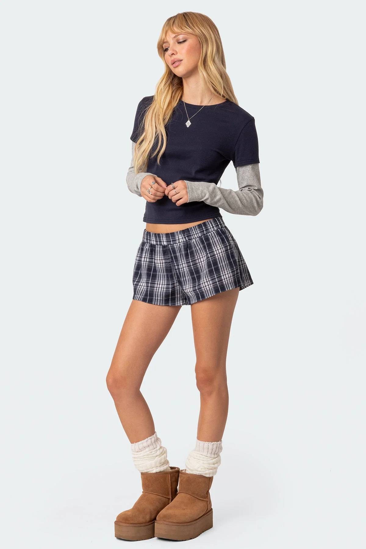 Navy Layered Long Sleeve T-Shirt in Cotton Spandex Blend