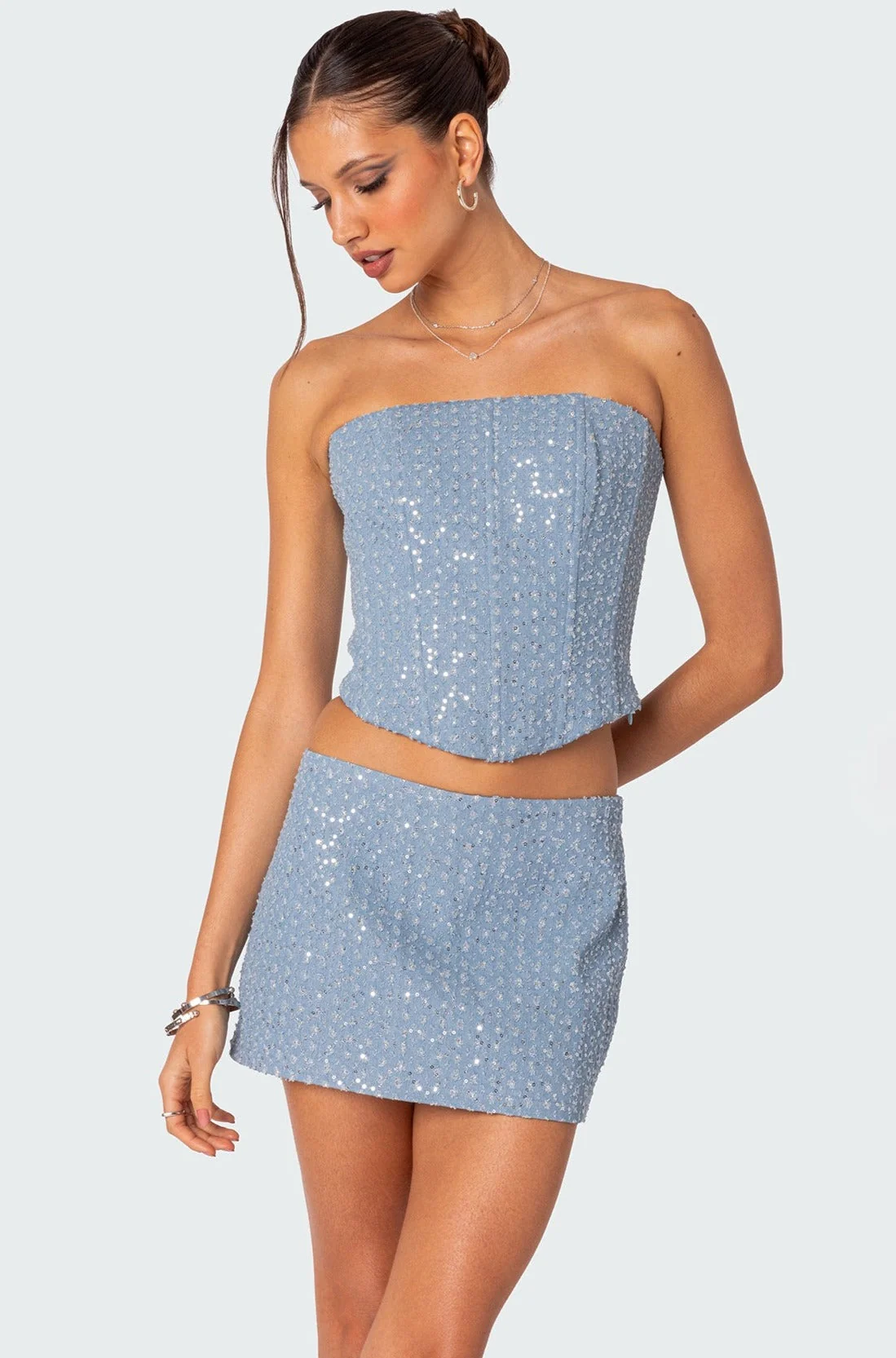 Sequined Denim Corset Top in Icing Blue