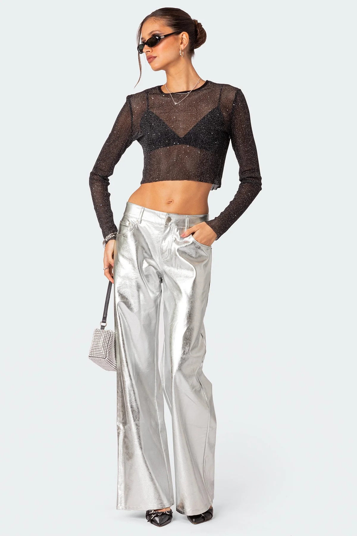 Metallic Faux Leather Pants in Silver for Women
