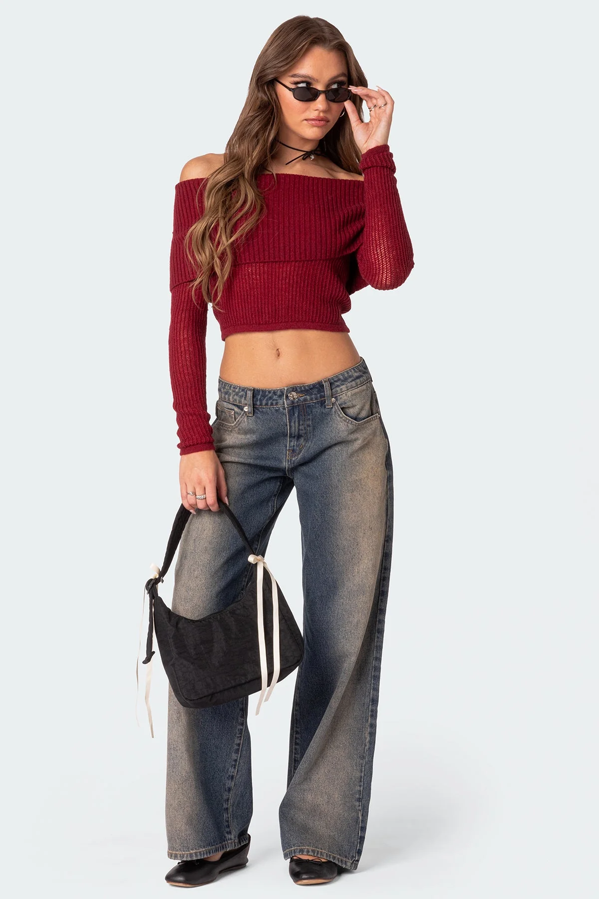 Red Knit Fold Over Sweater - Womens Fitted Top