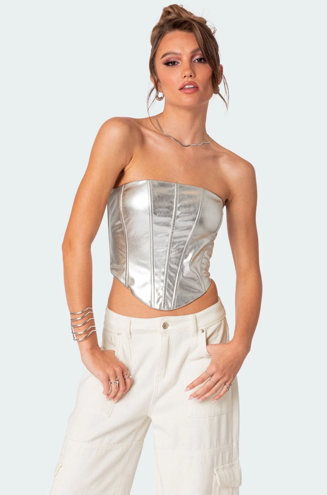 Silver Metallic Faux Leather Corset Top - Best Choice for Stylish Evening Wear (XS-XXL)