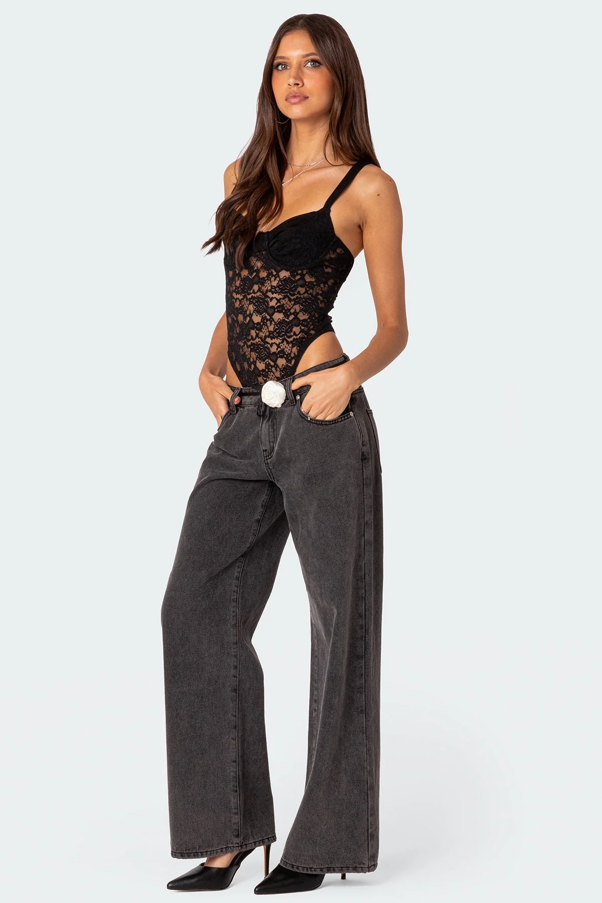 Satin Lace Effect Cupped Black Bodysuit